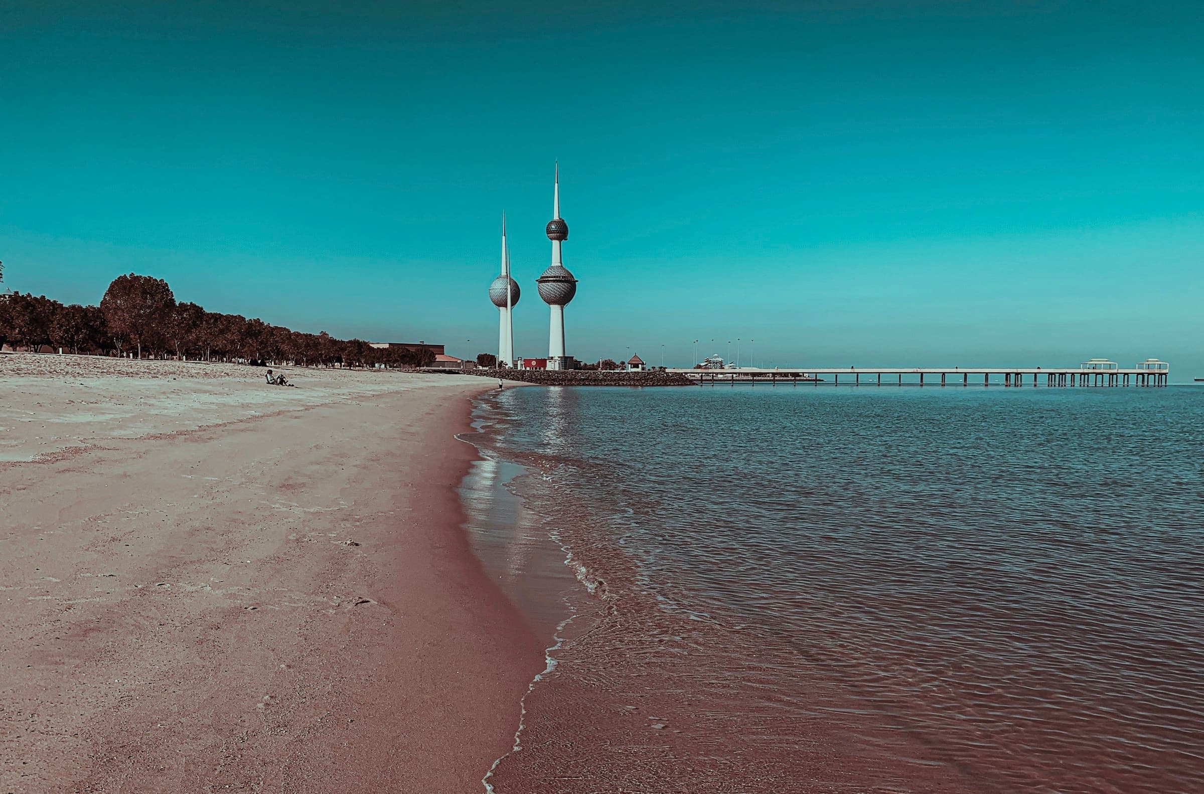 Kuwait Towers beside the Gulf waterfront on a clear day thumbnail