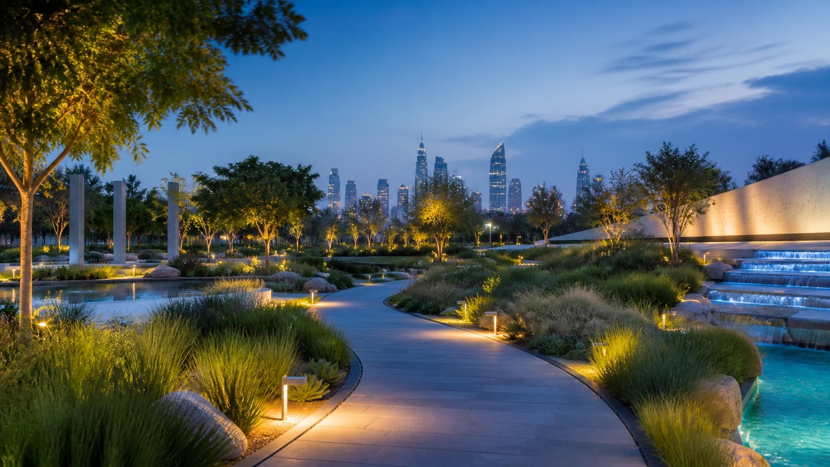 AI-generated evening park path inspired by Al Shaheed Park in Kuwait City