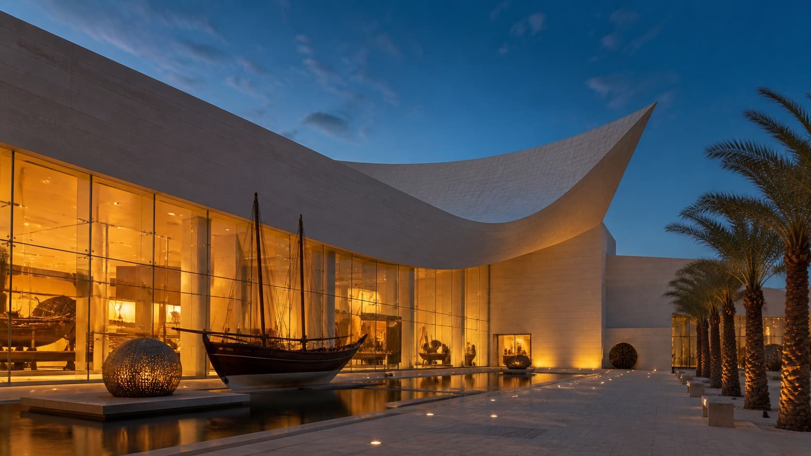 AI-generated evening museum courtyard inspired by Kuwait National Museum