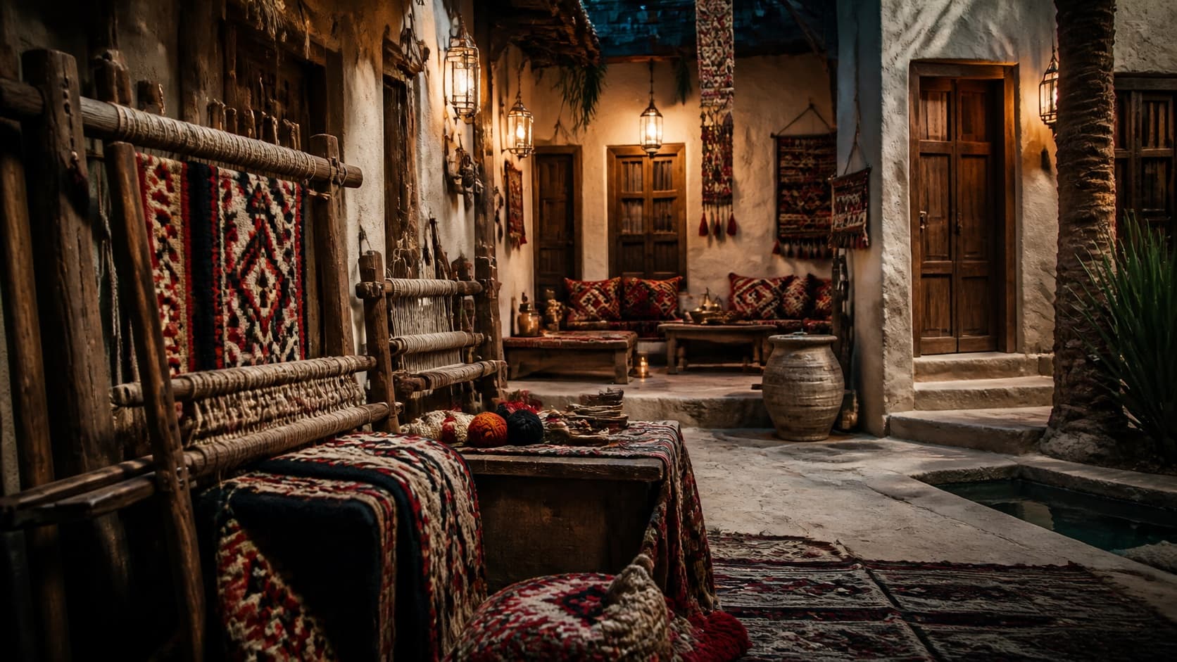 AI-generated heritage courtyard with Sadu weaving inspired by Sadu House